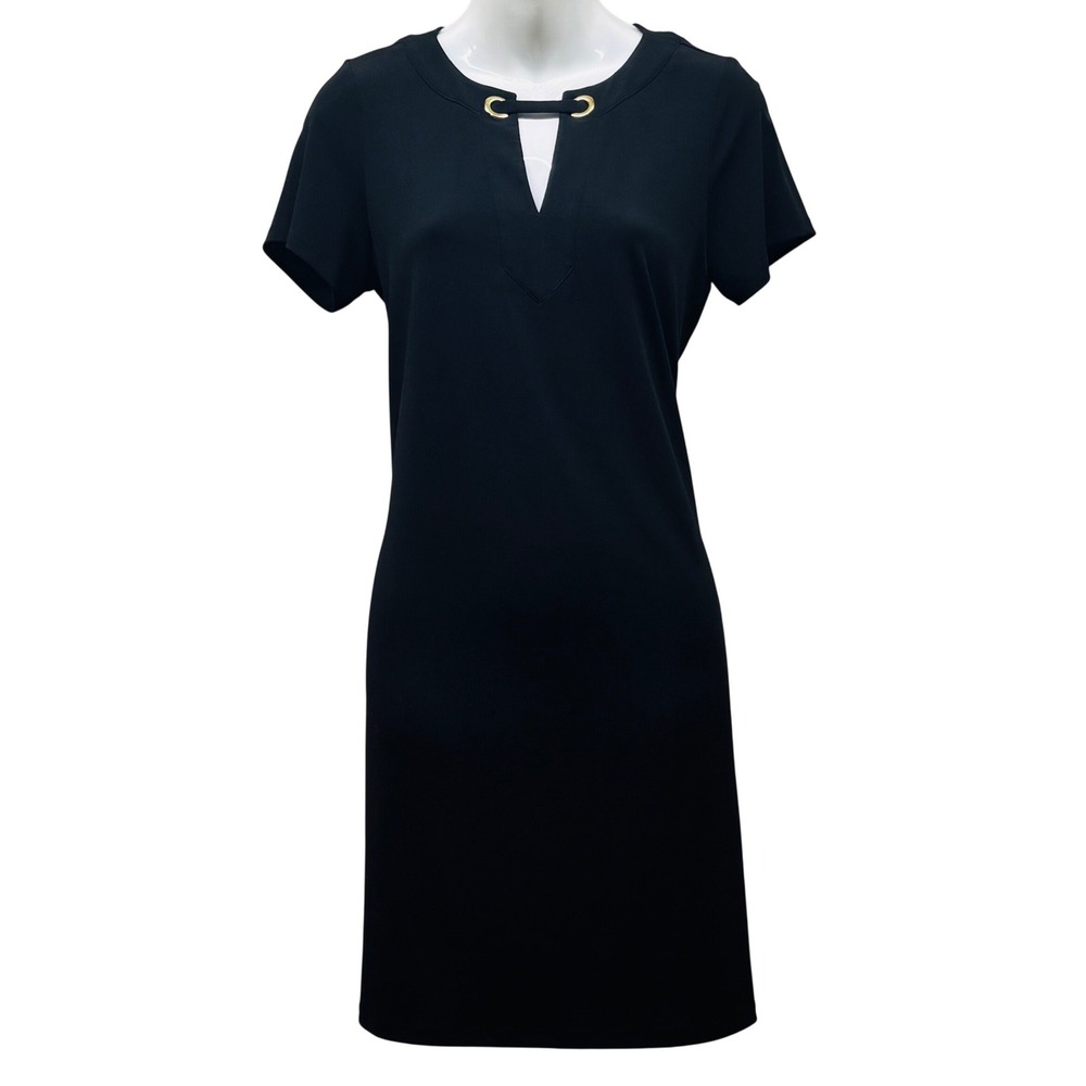 Michael Kors Black Short Sleeve Shift Dress Gold Hardware Neckline Size S
